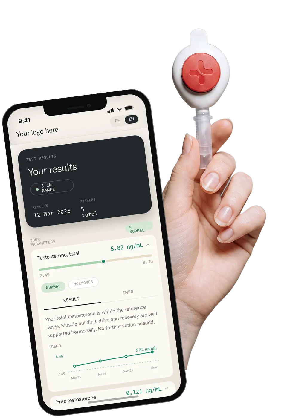 A hand holding the Remi Health fingerprick collector beside the customer portal on a phone