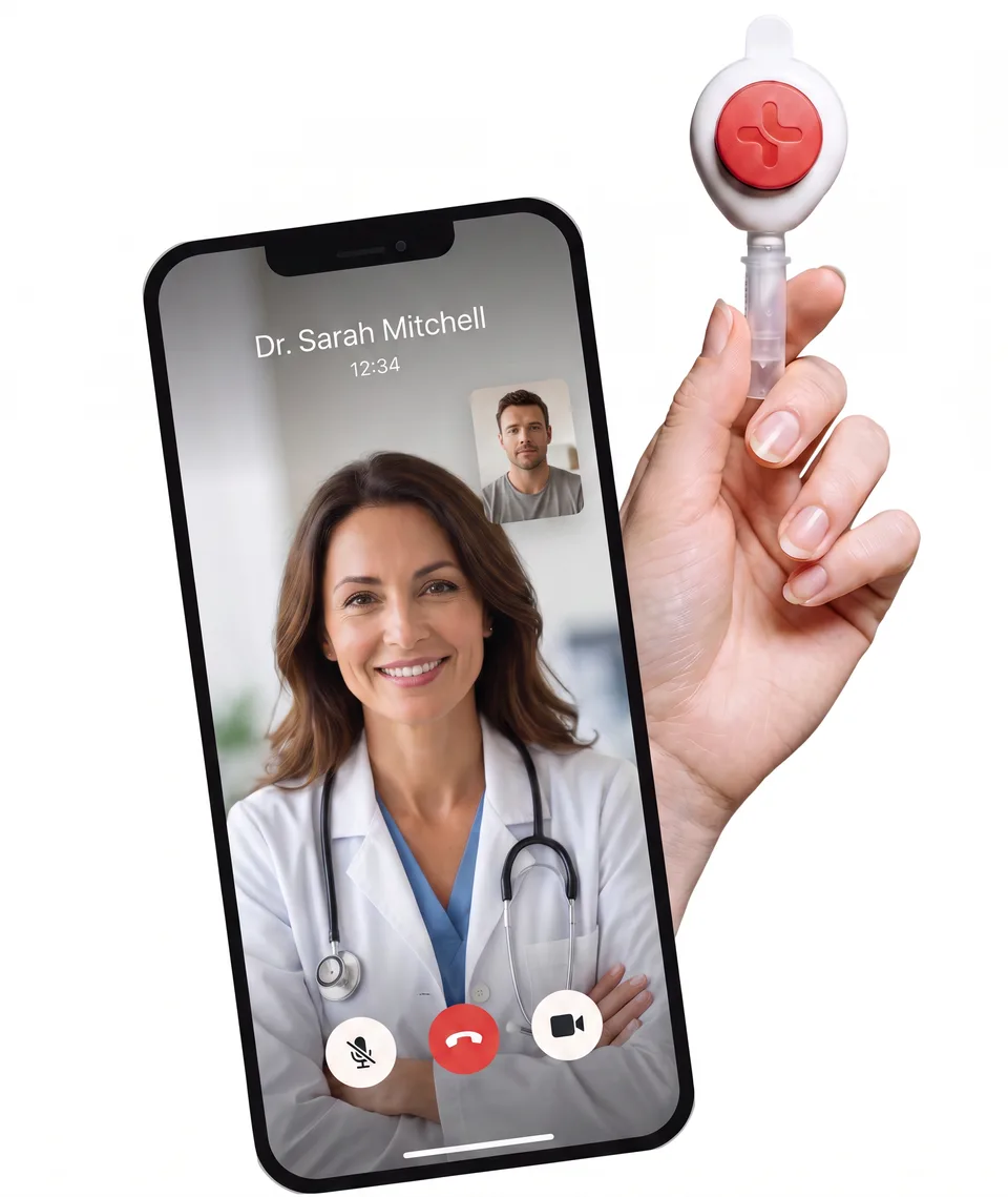 Eine Telemedizin-Konsultation auf einem Smartphone neben einer Hand mit dem Remi Health Kapillar-Collector